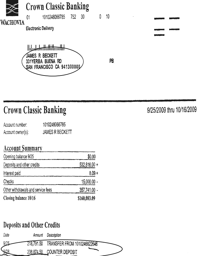 Bank statement showing deposit transaction for Bob Beckett