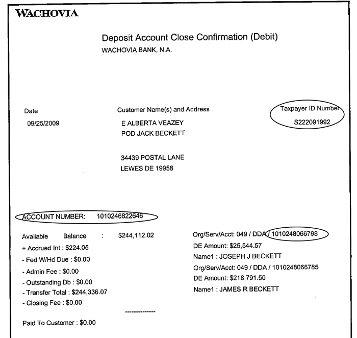 Bank statement showing Money Market debit to close transaction for Jack Beckett