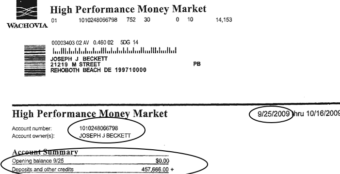 Bank statement showing deposit transaction for Jack Beckett