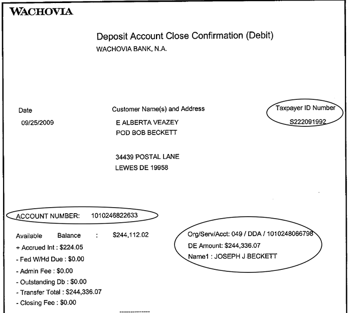 Bank statement showing Money Market debit to close transaction for Jack Beckett