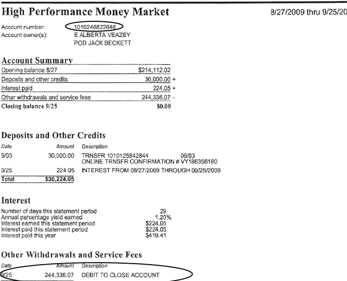Bank statement showing Jack Beckett Money Market initial deposit and interest breakdown